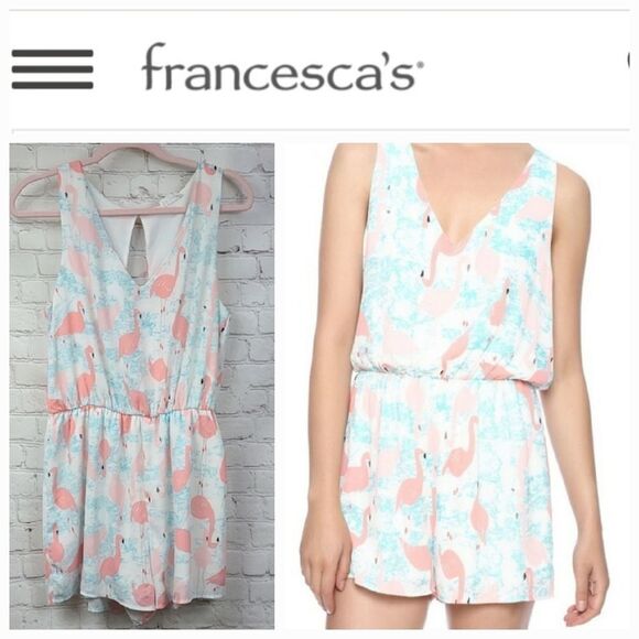Francesca's Flamingo Romper White Keyhole Open Back L 10/12 Sleeveless le Kate - Picture 2 of 14